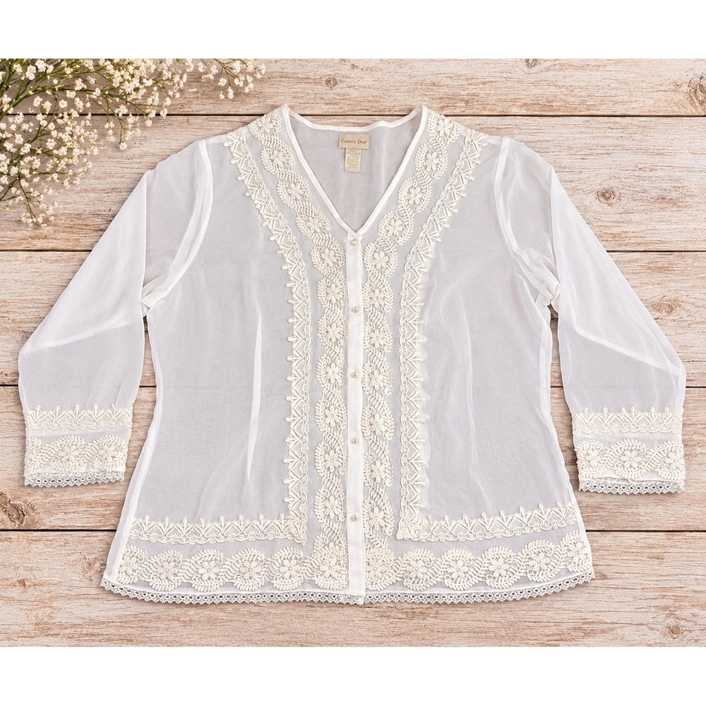 Country Door White Sheer Lace Button Up Blouse Cottagecore Boho Romantic 2X